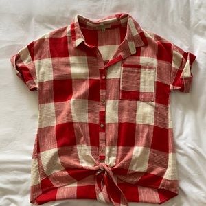Tie front red and white check button down